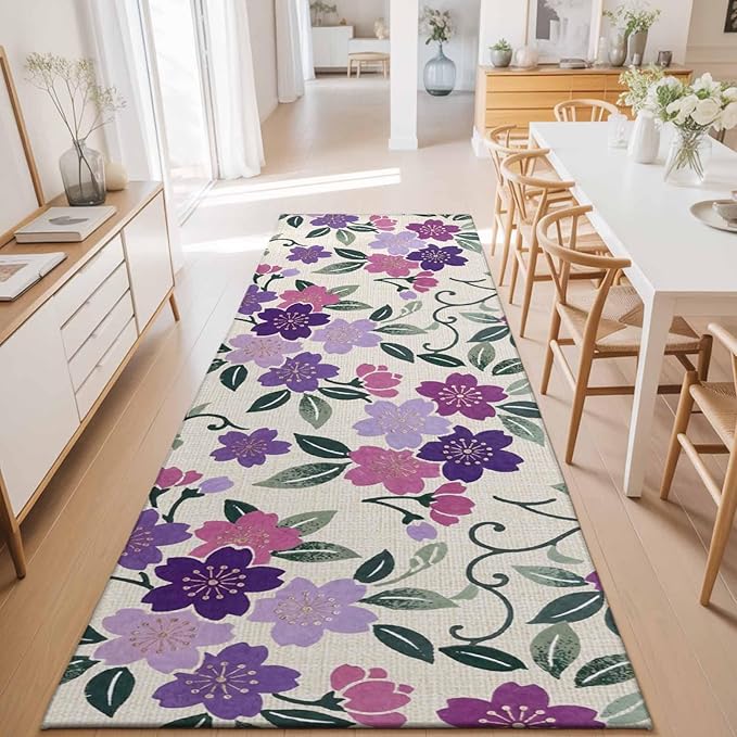 Runner Rug for Bedroom Hallway, Watercolor Country Flowers Kitchen Runner Rugs Area Rug 2x6ft, Plum Blossoms on Linen Washable Soft Floor Carpet for Entryway Stair
