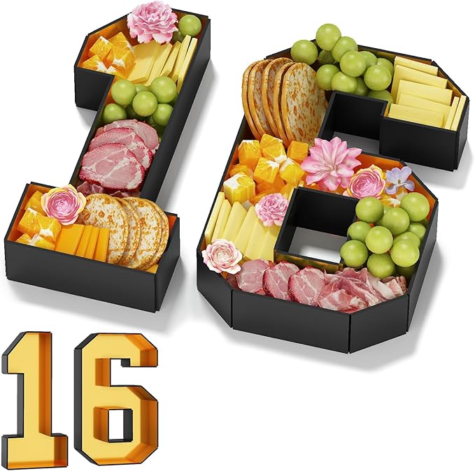 16 Cardboard Numbers for Charcuterie Numbers Fillable 13.8'' Black Gold Paper Mache Number Shaped Cupcake Pans Board Box Trays Container for Food Candy 16th Birthday Party Decorations Anniversary
