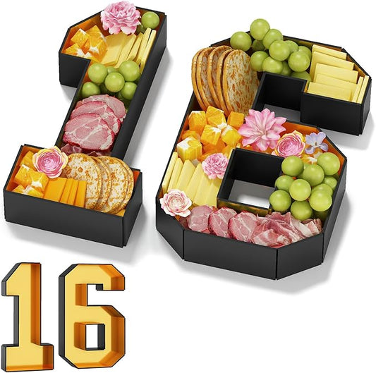 16 Cardboard Numbers for Charcuterie Numbers Fillable 13.8'' Black Gold Paper Mache Number Shaped Cupcake Pans Board Box Trays Container for Food Candy 16th Birthday Party Decorations Anniversary