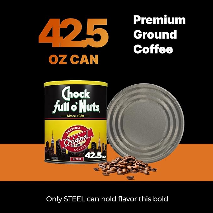 Chock Full o' Nuts Heavenly Original Ground Coffee – Premium Beans in Recyclable Steel Can – Rich Flavor & Aroma, Medium Roast – Perfect for Drip, Pour-Over, Percolator – 42.5 Oz Can
