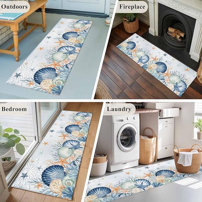Runner Rug for Bedroom Hallway, Underwater Shells Starfish on Blue Kitchen Runner Rugs Area Rug 2x6ft, Colorful Coral Washable Soft Floor Carpet for Entryway Stair