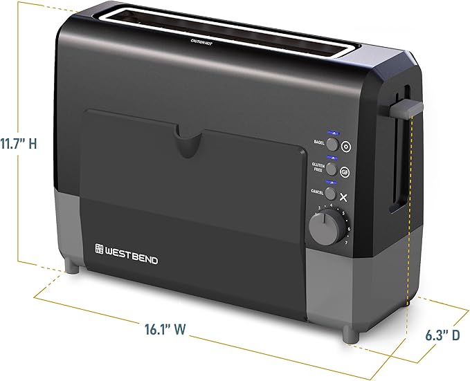 West Bend QuikServe Toaster, 2-Slice Wide-Slot Slide-Through Bread Toaster with Bagel and Gluten-Free Settings and Cool-Touch Exterior Fast Toasting, Includes Removable Serving Tray, 1400-Watts, Black