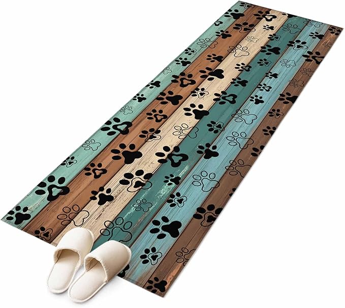 Runner Rug for Bedroom Hallway, Farm Brown Wood Board Kitchen Runner Rugs Area Rug 2x6ft, Dog Paw Print Animal Footprint Washable Soft Floor Carpet for Entryway Stair