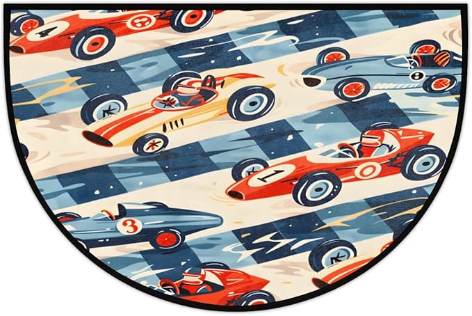 Race Car Racing Half-Round Door Mat | Indoor Entrance Half-Moon Rug | Low-Pile | Area Rug, Non-Slip, Absorbent Semi-Circle Welcome Mats for Kitchen, Patio, and Home Decor | 36x24 Inches