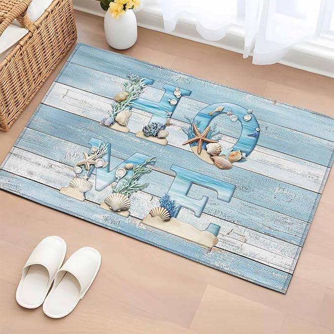 Area Rug 2x3ft, Summer Ocean Beach Shell Home Quote Washable Rugs for Living Room Bedroom, Farm Blue Wood Board Soft Non-Slip Area Rugs Rectangle Floor Carpet for Dining Room