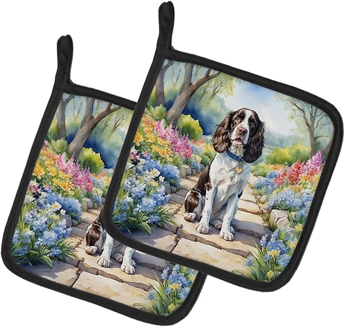 Caroline's Treasures English Springer Spaniel Spring Path Pair of Pot Holders Kitchen Heat Resistant Pot Holders Sets Oven Hot Pads for Cooking Baking BBQ, 7 1/2 x 7 1/2