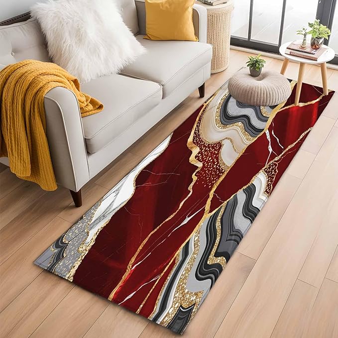 Runner Rug for Bedroom Hallway, Abstract Flowing Marble Fluid Art Kitchen Runner Rugs Area Rug 2x6ft, Red and Gold Lines Washable Soft Floor Carpet for Entryway Stair