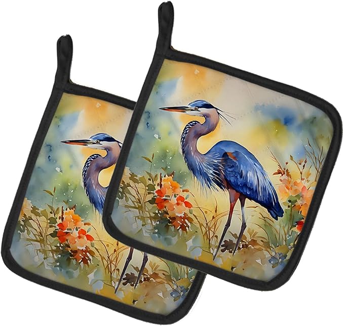 Caroline's Treasures Blue Heron Pair of Pot Holders Kitchen Heat Resistant Pot Holders Sets Oven Hot Pads for Cooking Baking BBQ, 7 1/2 x 7 1/2