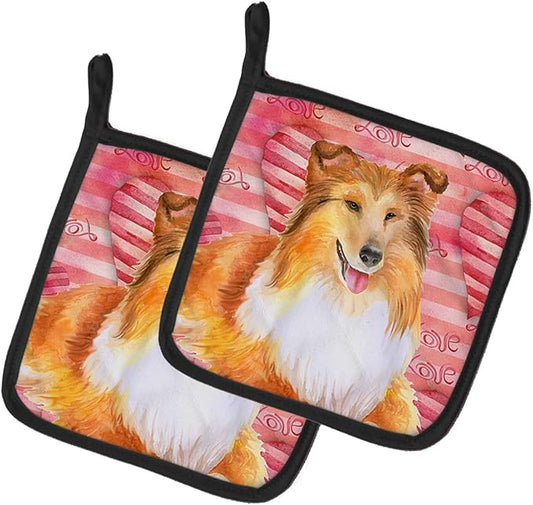 Caroline's Treasures BB9807PTHD Sheltie Love Pair of Pot Holders, Red Kitchen Heat Resistant Pot Holders Sets Oven Hot Pads for Cooking Baking BBQ, 7 1/2 x 7 1/2