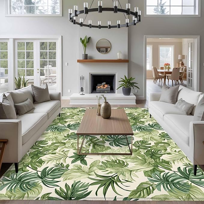 Area Rug 6x9ft, Green Palm Leaf Watercolor Washable Rugs for Living Room Bedroom, Summer Tropical Leaves Soft Non-Slip Area Rugs Rectangle Floor Carpet for Dining Room
