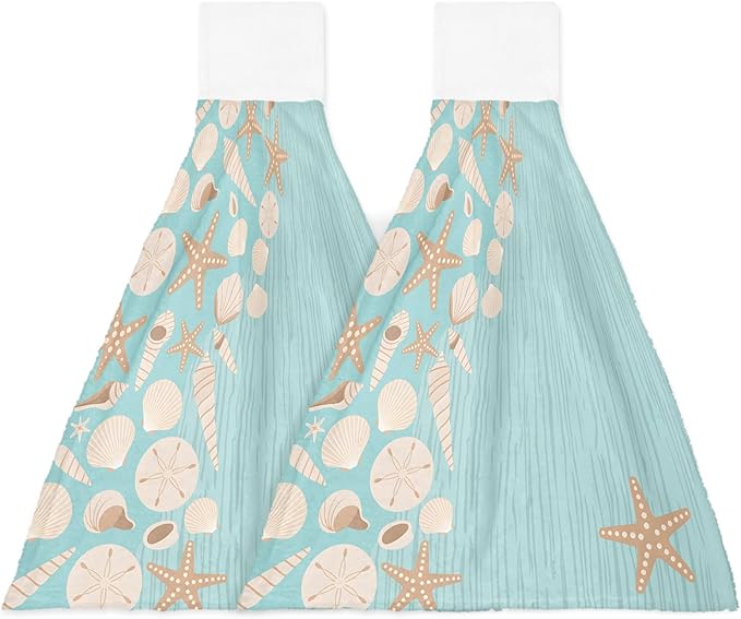 Alandar Home Kitchen Tie Towel Set of 2, Summer Starfish Shell Absorbent Soft Hand Towels for Bathroom Hanging Towels, Abstract Striped on Green Background Fast Drying Cleaning Cloth with Loop