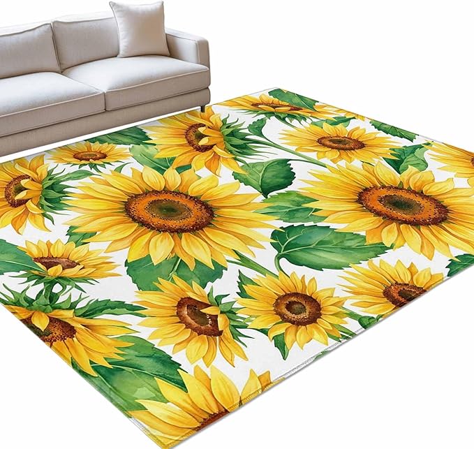 Area Rug 3x5ft, Summer Garden Sunflower Leaves Washable Rugs for Living Room Bedroom, Farm Blossom Floral Soft Non-Slip Area Rugs Rectangle Floor Carpet for Dining Room