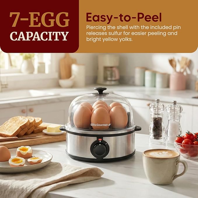 Elite Gourmet EGC648 Easy Electric Poacher, Omelet Eggs & Soft, Medium, Hard-Boiled Egg Boiler Cooker with Auto Shut-Off and Buzzer, Measuring Cup Included, BPA Free, Stainless Steel 7 Egg