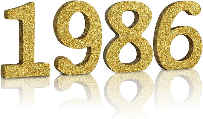 TONIFUL 4 Inch 1986 Gold Glitter Table Centerpiece Sign 1986 Number Block for 40th Birthday Decoration,Fourty Years Old Birthday Table Decoration,Class of 1986 Reunion Decorations or Anniversary