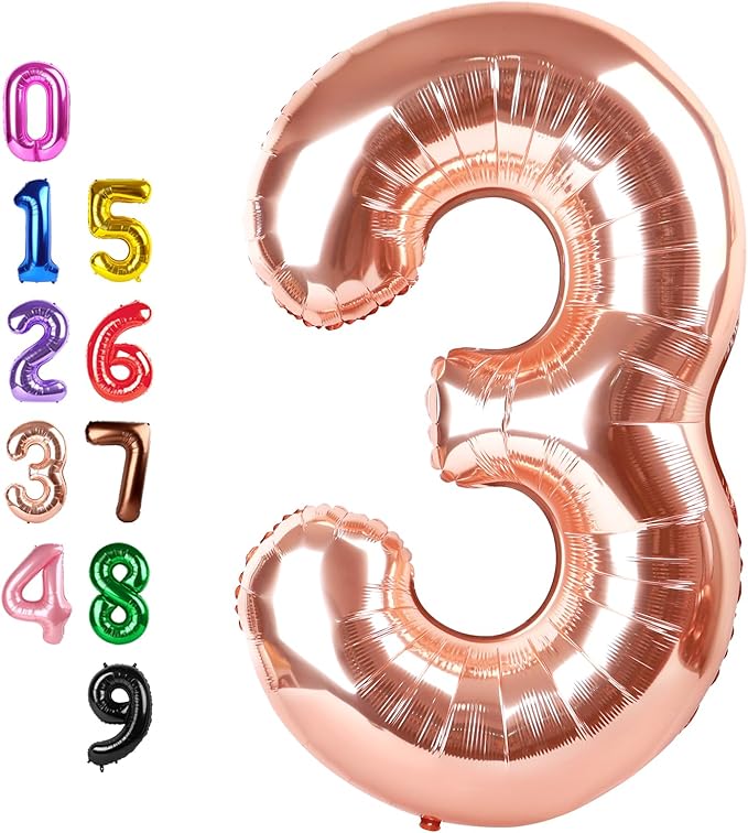 40 Inch Number Balloons, Three Rose Gold Happy Birthday Balloons for Girls Boys Babies, 3rd Number Balloons for 3 13 23 30 Wedding Bridal Shower Anniversaries Party