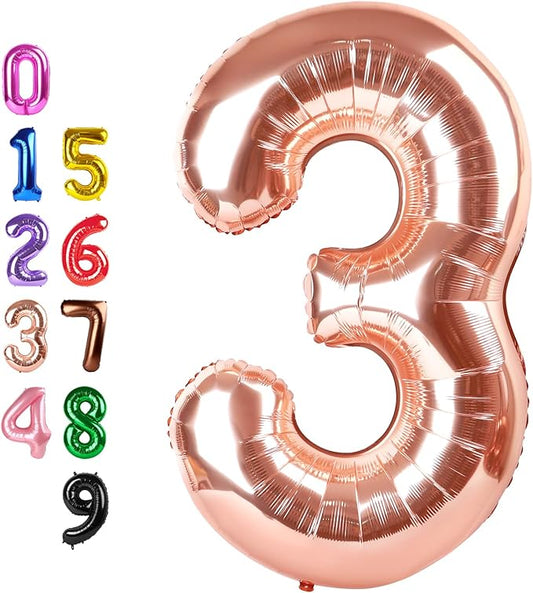 40 Inch Number Balloons, Three Rose Gold Happy Birthday Balloons for Girls Boys Babies, 3rd Number Balloons for 3 13 23 30 Wedding Bridal Shower Anniversaries Party