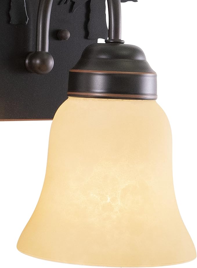 VAXCEL Bozeman 2-Light 16.75 inch Wide Burnished Bronze Rustic Cabin Bathroom Vanity Lighting Fixture, Amber Flake Glass Shade, Bear and Trees, Dimmable, LED Compatible, Over the Mirror Wall Mounted