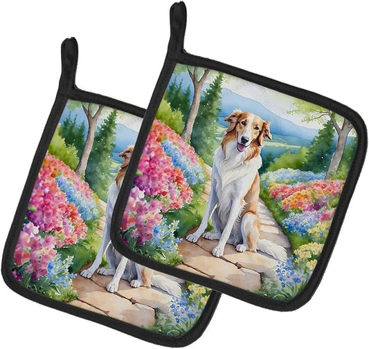 Caroline's Treasures Borzoi Spring Path Pair of Pot Holders Kitchen Heat Resistant Pot Holders Sets Oven Hot Pads for Cooking Baking BBQ, 7 1/2 x 7 1/2