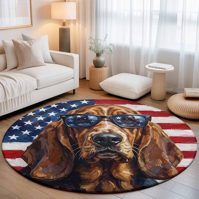 Washable Round Area Rug Independence Day USA Flag Circle Rugs Floor Carpet for Living Room Bedroom, Basset Hound Patriotic Sunglasses Soft Non Slip Round Rug 3ft