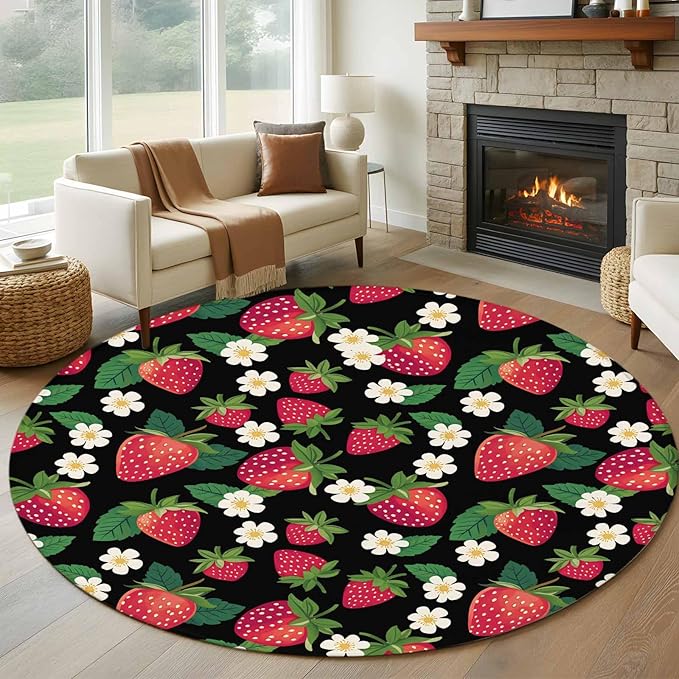 Washable Round Area Rug Red Strawberry Litter Flower Leaves on Black Circle Rugs Floor Carpet for Living Room Bedroom, Summer Fruit Soft Non Slip Round Rug 5ft