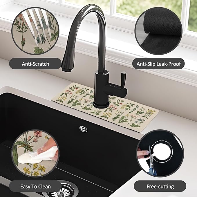 2PCS 15" X 5.5" Kitchen Sink Splash Guard Faucet Mat Floral Super Absorbent Fast Drying Faucet Guard & Draining Mat Sink Splash Guard Behind Faucet for Kitchen, Bathroom
