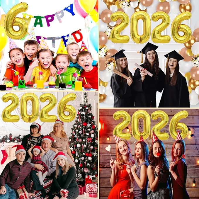2026 Balloons, 2026 Number Balloons, 2026 Gold Balloon, Foil Graduation Balloon for 2026 Graduation Decorations Class of 2026 New Year Anniversary Birthday Home Office Party Supplies Decor, 16 Inch