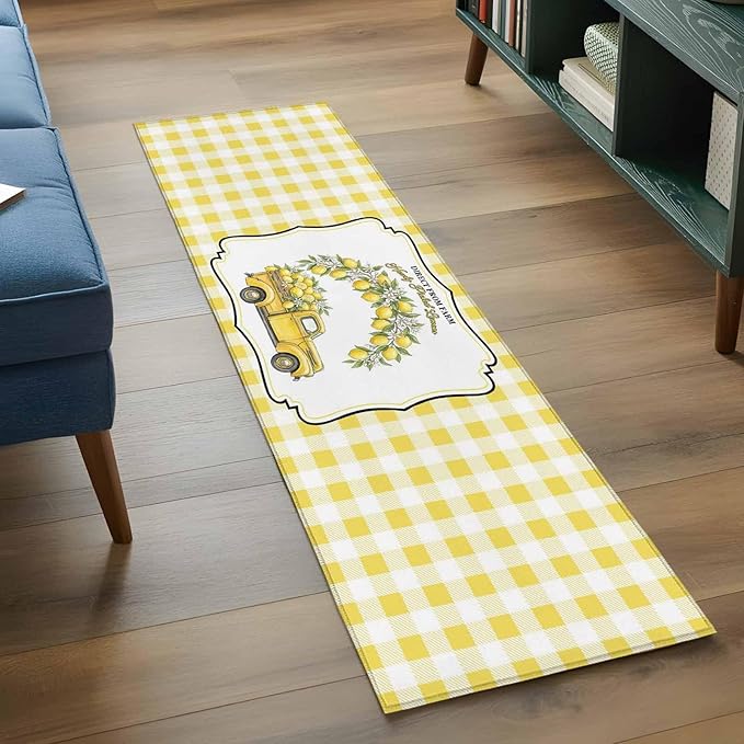 Runner Rug for Bedroom Hallway, Farm Yellow Truck Lemon Fruit Kitchen Runner Rugs Area Rug 2x6ft, Flower Leaves Buffalo Plaid Washable Soft Floor Carpet for Entryway Stair