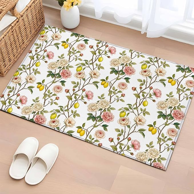 Area Rug 2x3ft, Country Blossom Flower Plant Washable Rugs for Living Room Bedroom, Summer Lemon Leaf Seamless Soft Non-Slip Area Rugs Rectangle Floor Carpet for Dining Room