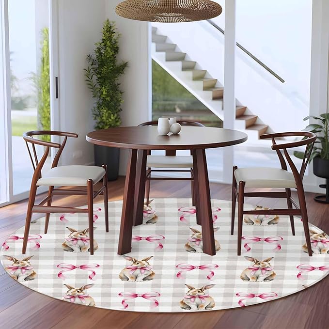 Washable Round Area Rug Easter Rabbit Pink Bow Circle Rugs Floor Carpet for Living Room Bedroom, Seamless Bunny Gray Buffalo Plaid Soft Non Slip Round Rug 5ft