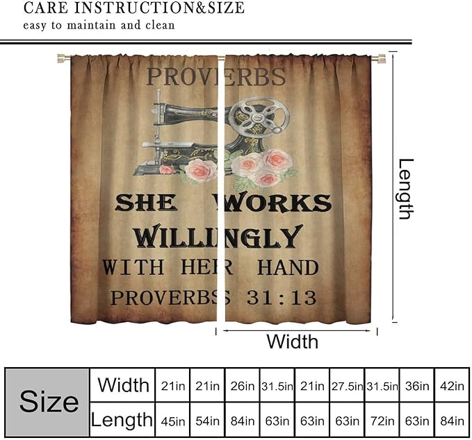 Sewing Machine Blackout Curtain,Vintage Rustic Sewing Theme Flower Rose Cloth Farbic Window Curtains for Bedroom Cafe Dining Room Office Living Room Kitchen Drapes, 63x72 in