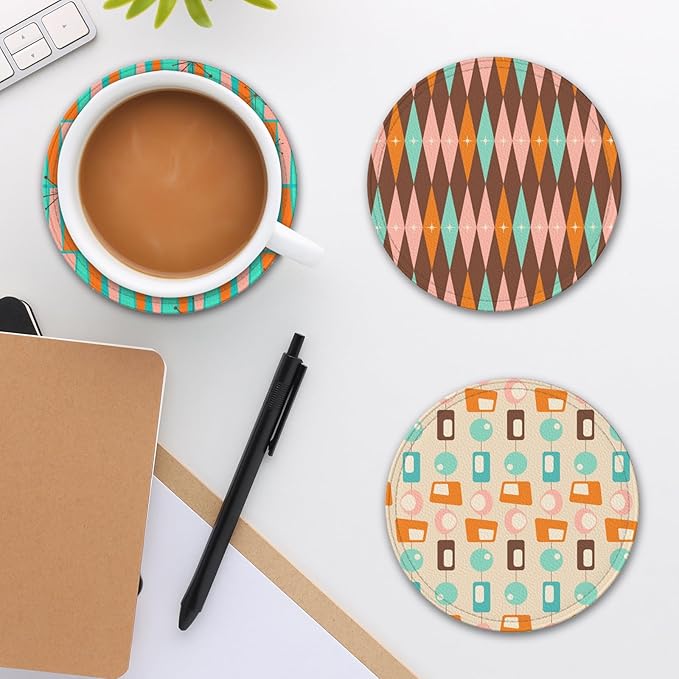 Mid Century Modern Leather Drinks Coasters with Holder, Set of 6, Suitable for Various Cups