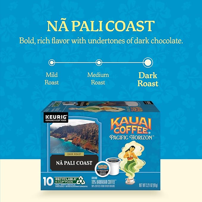 Kauai Coffee K-Cup Pods for Keurig Brewers – Arabica Coffee, 10% Hawaiian – Dark Roast, Nutty with Sweet Chocolate Overtones – Na Pali Coast, 6 Packs of 10 Single Serve K-Cups