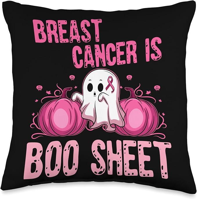 Breast Cancer Awareness Pink Ribbon Halloween Breast Cancer is Boo Sheet. Throw Pillow, 16x16, Multicolor