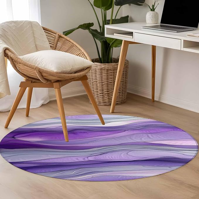 Washable Round Area Rug Abstract Art Purple Gray Wave Circle Rugs Floor Carpet for Living Room Bedroom, Vintage Marble Texture Soft Non Slip Round Rug 4ft
