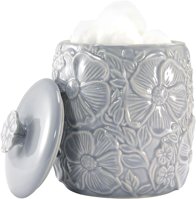 Nicole Miller – Vanity Accessory Set, Durable Ceramic with Dimensional Floral Design & Hand-Painted Accents, Decorative Lotion Pump, Vanity Tray, & Covered Jar (Camille)