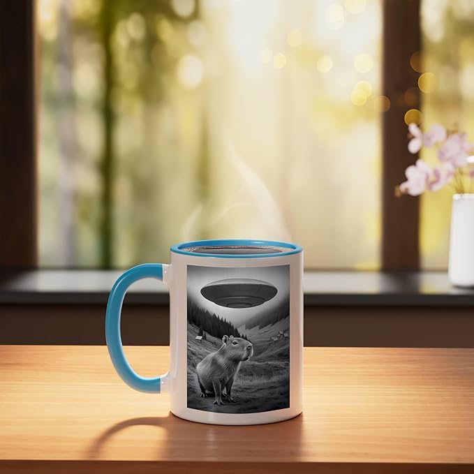 Vintage Capybara UFO Abduction Surreal Ironic Meme Ceramic Mug, Blue/White