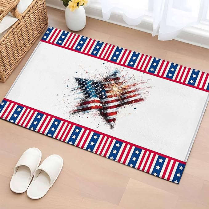 Area Rug 2x3ft, 4th of July Stars Stripes Abstract Flag Washable Rugs for Living Room Bedroom, Patriotic Theme Soft Non-Slip Area Rugs Rectangle Floor Carpet for Dining Room