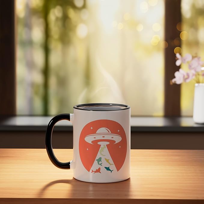 Funny UFO shark lover humor UFO lover flying saucer Ceramic Mug, Black/White