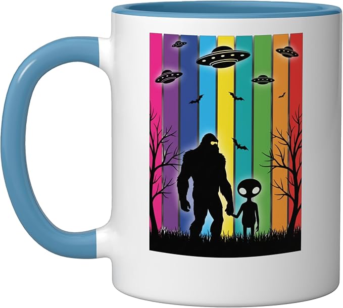 Bigfoot Holding Hands With Alien Ufo Rainbow Sci Fi Ceramic Mug, Blue/White