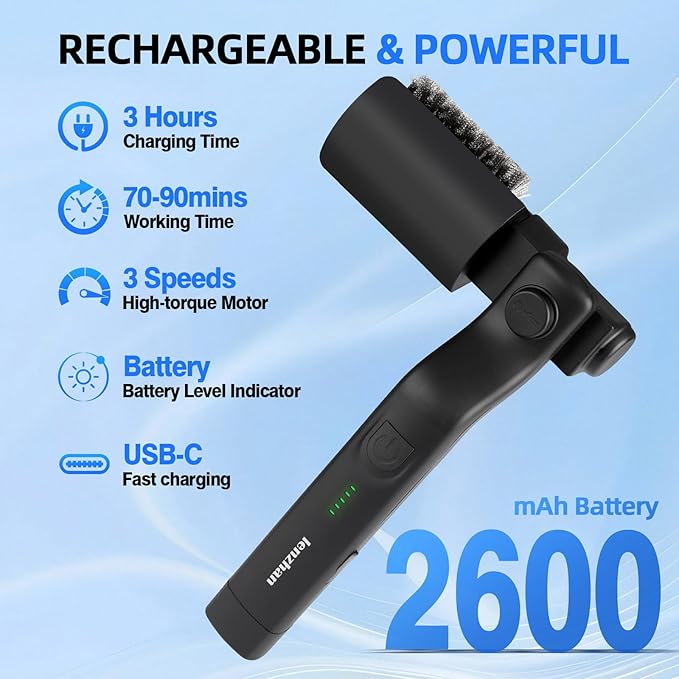 Cordless Electric Grill Brush with Adjustable Angle, 3-Speed Power Motor & Stainless Steel Head - Rechargeable, 90-Min Runtime, Waterproof Grill Cleaner for BBQ Grates & Griddles (Black)