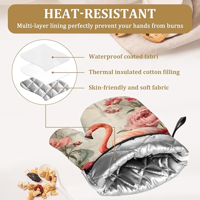 Pink Flamingo Floral Oven Mitts and Pot Holders Sets 4Pcs Vintage Animal Silicone Kitchen Gloves Heat Resistant Potholders for Baking Cooking Grilling BBQ