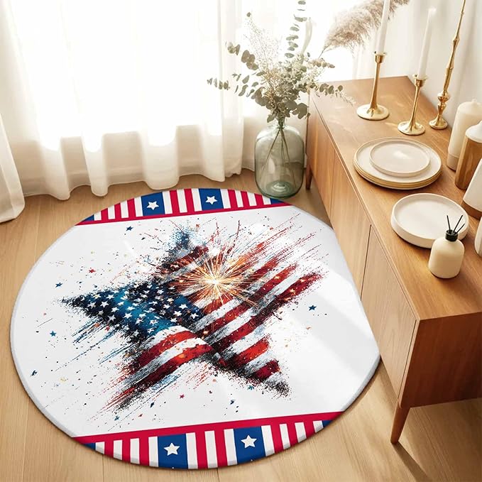 Washable Round Area Rug 4th of July Stars Stripes Abstract Flag Circle Rugs Floor Carpet for Living Room Bedroom, Patriotic Theme Soft Non Slip Round Rug 5ft