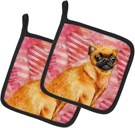 Caroline's Treasures BB9754PTHD Small Brabant Griffon Love Pair of Pot Holders, Red Kitchen Heat Resistant Pot Holders Sets Oven Hot Pads for Cooking Baking BBQ, 7 1/2 x 7 1/2