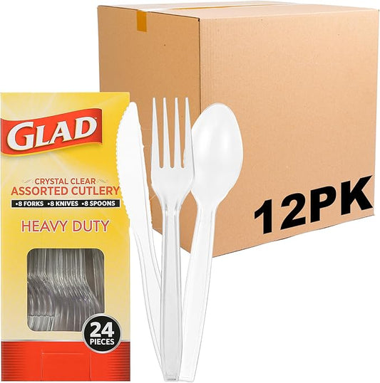 Glad Clear Disposable Cutlery Set with Heavy Duty Plastic Forks, Knives, and Spoons, Reusable Dishwasher Safe Plastic Utensils for Parties and Everyday Use, 24 Count - 6 Pack