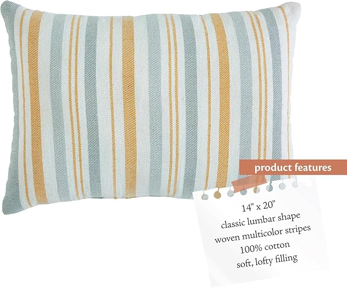 Indigo Ink Yellow & Gray Decorative Pillow - 14" x 20" | Striped Throw Cushion for Couch, Chair, Bed | Textured Stripes | Cotton Cover | Cozy Home Decor | Soft Plush Filling | White Denim Collection