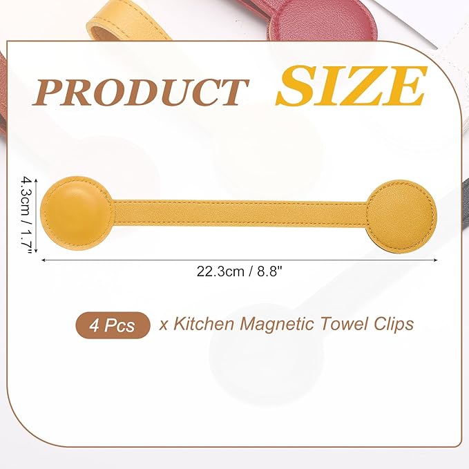 uxcell 4 Pcs Kitchen Magnetic Towel Clips, Leather Towel Holder Clip Multi-Purpose Hand Hooks Kitchen Accessories for Oven Handles Bars Racks, Yellow