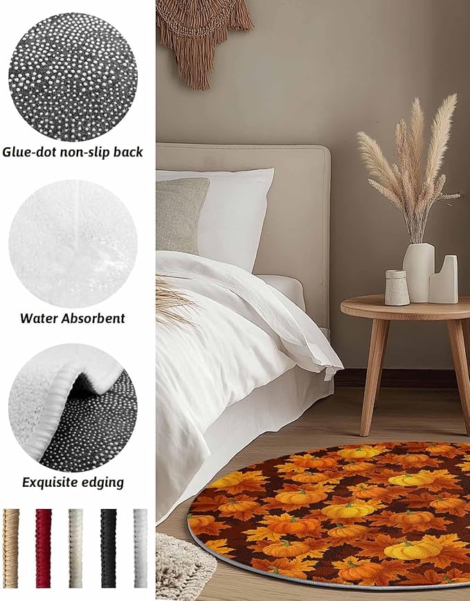 Round Area Rug,Autumn Thanksgiving Pumpkin Watercolor Circle Living Room Rug Non-Slip Rugs Indoor Carpet,Orange Maple Leaves Seamless Soft Comfort Rugs for Bedroom KidsRoom Nursery