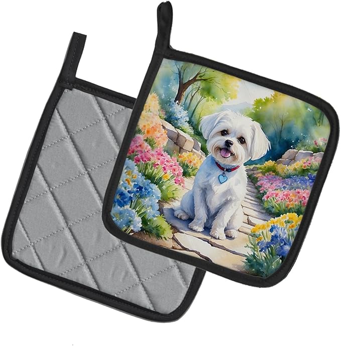 Caroline's Treasures Maltese Spring Path Pair of Pot Holders Kitchen Heat Resistant Pot Holders Sets Oven Hot Pads for Cooking Baking BBQ, 7 1/2 x 7 1/2
