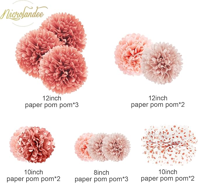 NICROLANDEE Wedding Decorations - 12 PCS Rose Gold Tissue Paper Pom Poms for Engagement Party Wedding Birthday Bridal Shower Bachelorette Baby Shower Ceiling Valentine's Day Party Backdrop Decor