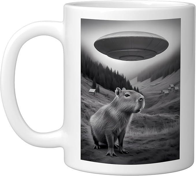 Vintage Capybara UFO Abduction Surreal Ironic Meme Ceramic Mug, White